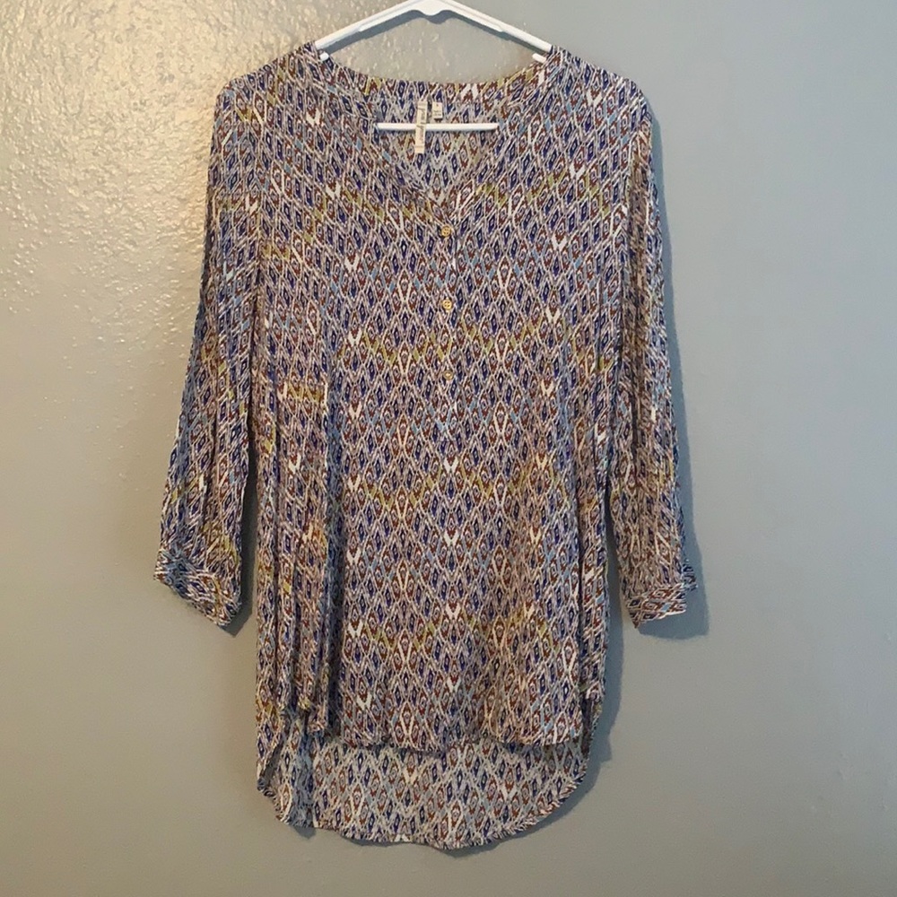 Blue, brown, and green geometric blouse